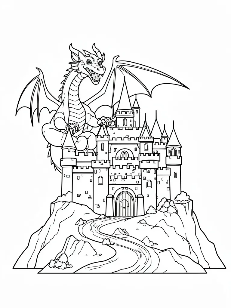 Coloriage Dragon protégeant un château médiéval à imprimer