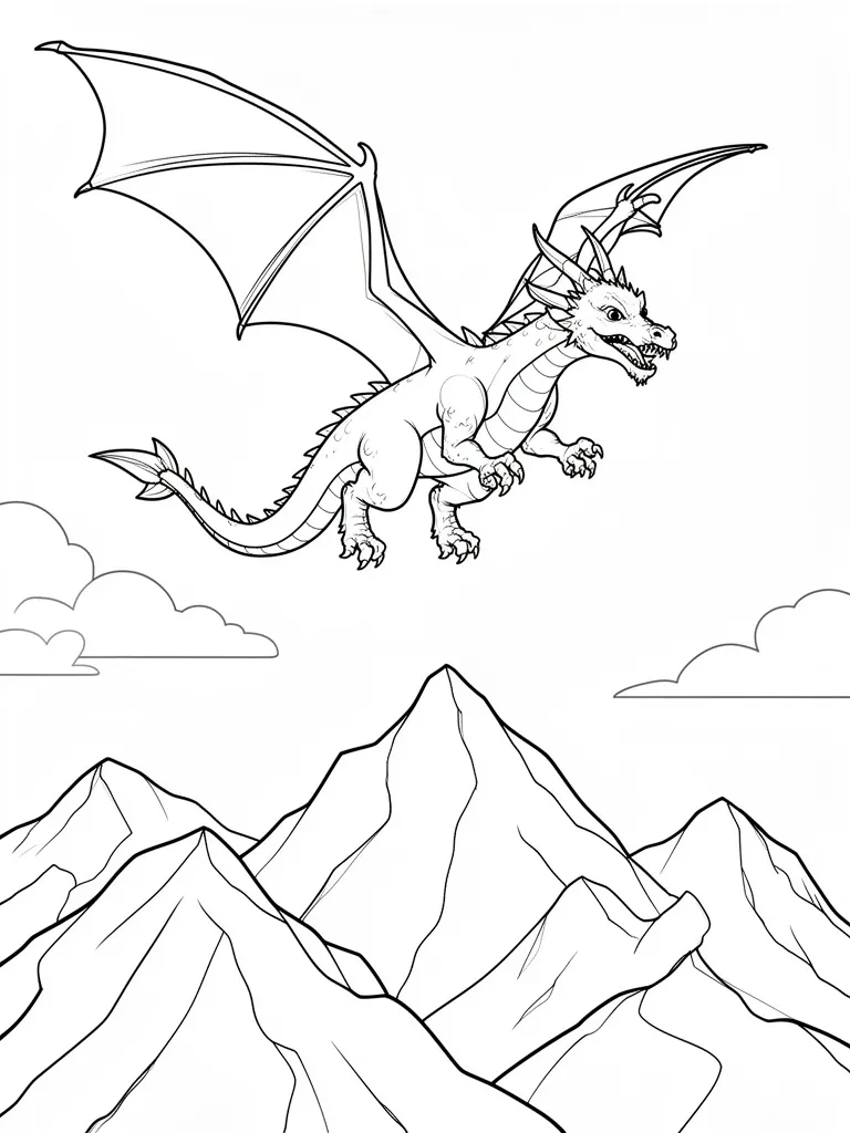 Coloriage Dragon volant au dessus des montagnes à imprimer