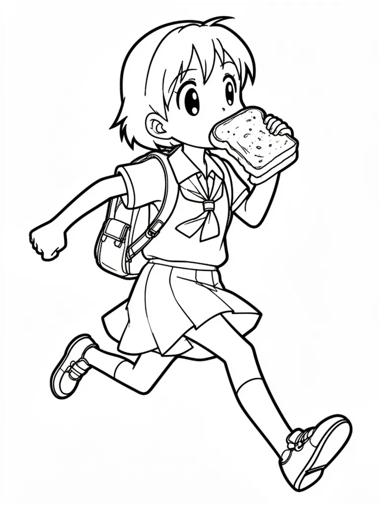 Coloriage Écolière manga courant avec un toast dans la bouche à imprimer
