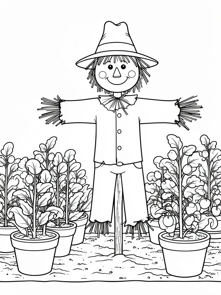 Coloriage Épouvantail souriant dans un potager à imprimer