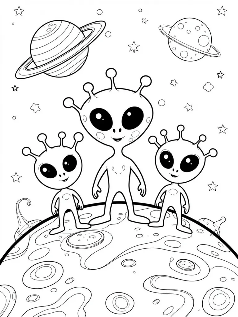 Coloriage Famille d aliens sur leur planète colorée à imprimer