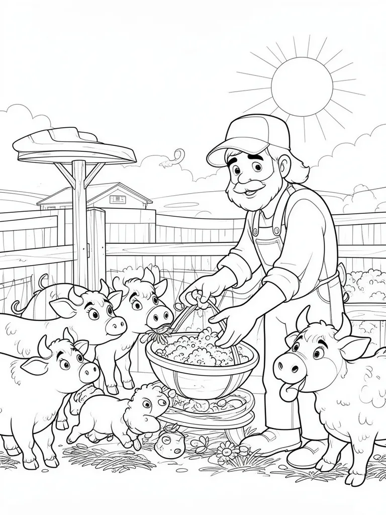 Coloriage Fermier nourrissant ses animaux le matin à imprimer