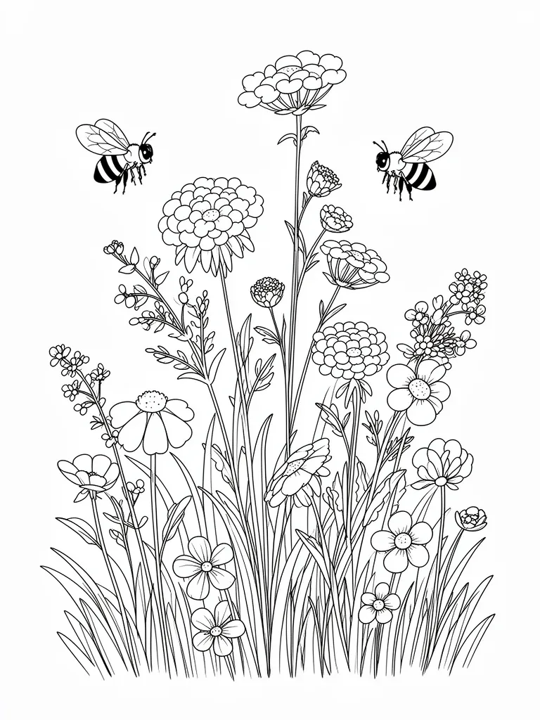 Coloriage Fleurs des champs avec des abeilles à imprimer