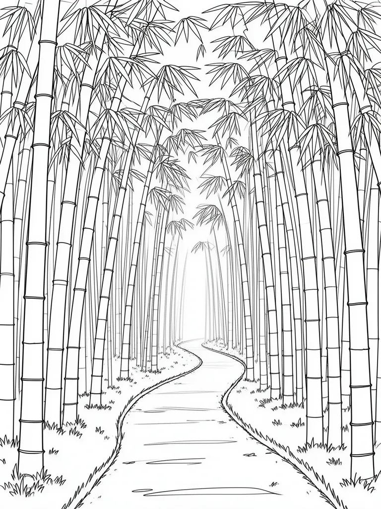 Coloriage Forêt de bambous avec un sentier à imprimer