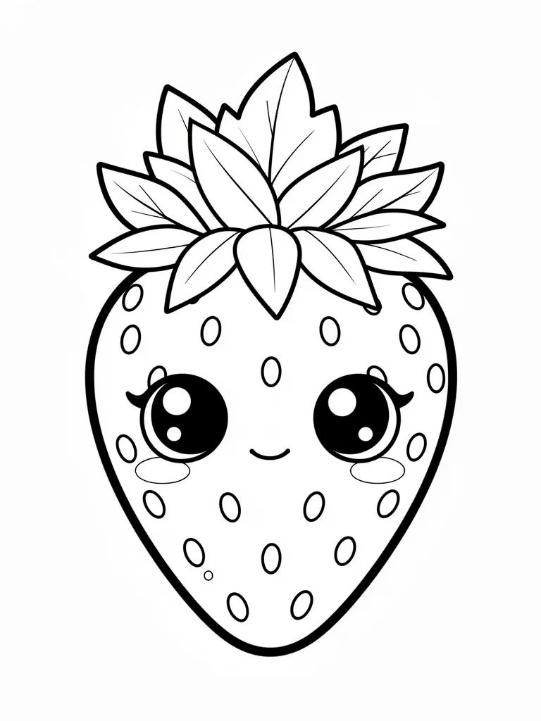Coloriage Fraise kawaii avec un chapeau de feuilles à imprimer