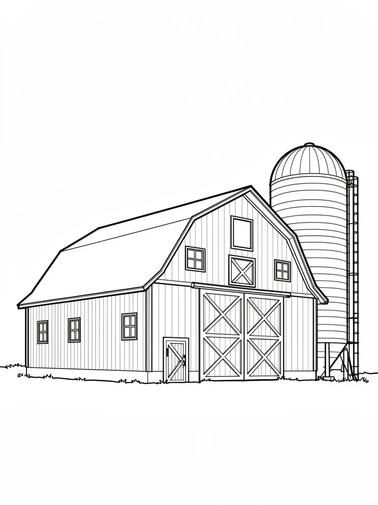 Coloriage Grange rouge avec un silo à grains à imprimer