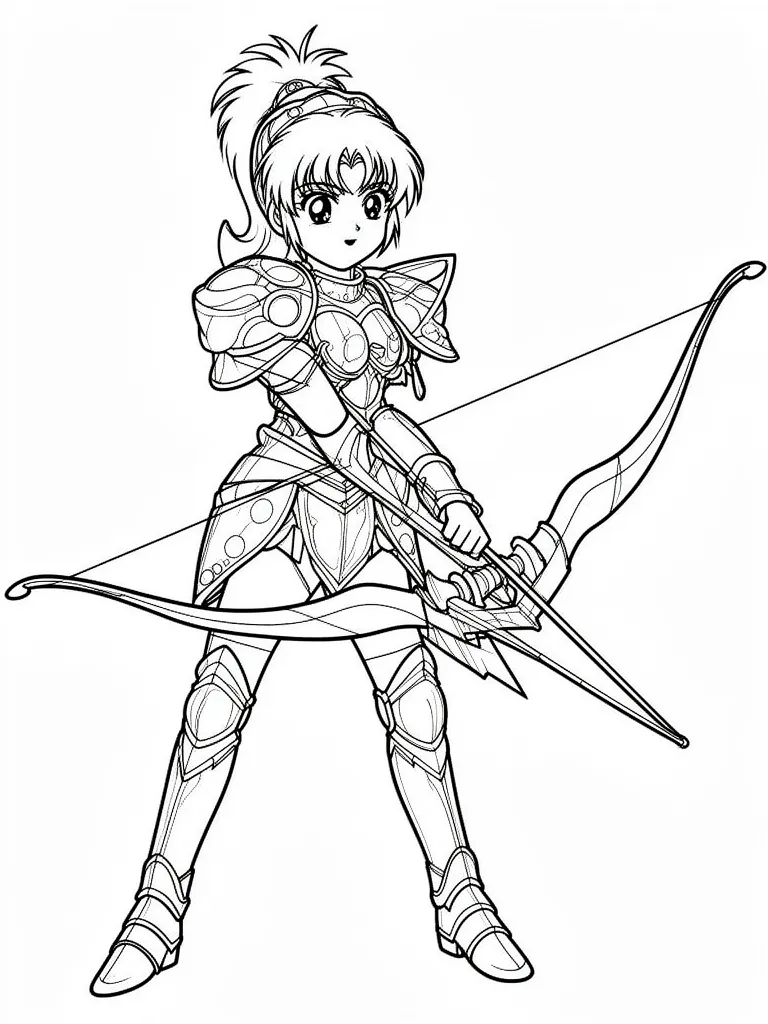 Coloriage Guerrière manga avec une armure et un arc à imprimer