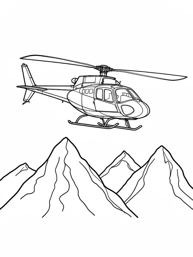 Coloriage Hélicoptère survolant les montagnes à imprimer