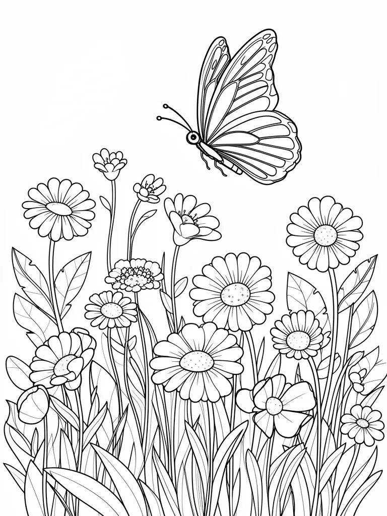 Coloriage Jardin de fleurs avec un papillon à imprimer