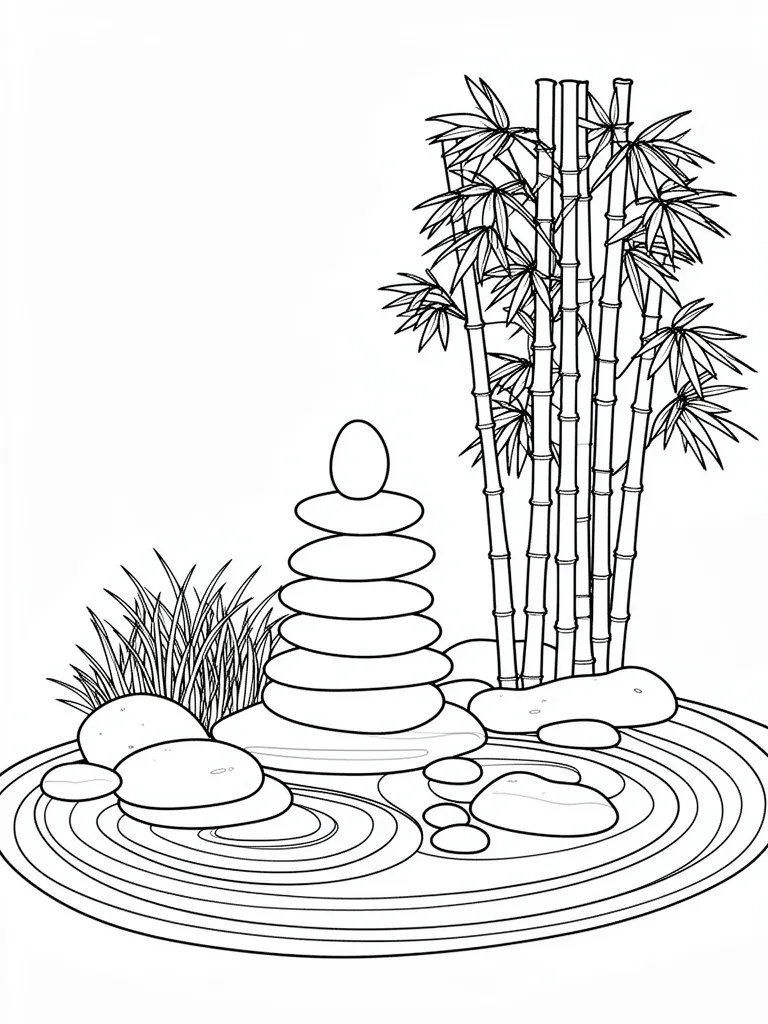 Coloriage Jardin zen japonais avec des pierres et bambous à imprimer