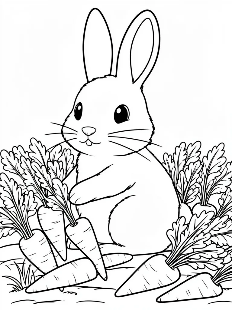 Coloriage Lapin dans un champ de carottes à imprimer