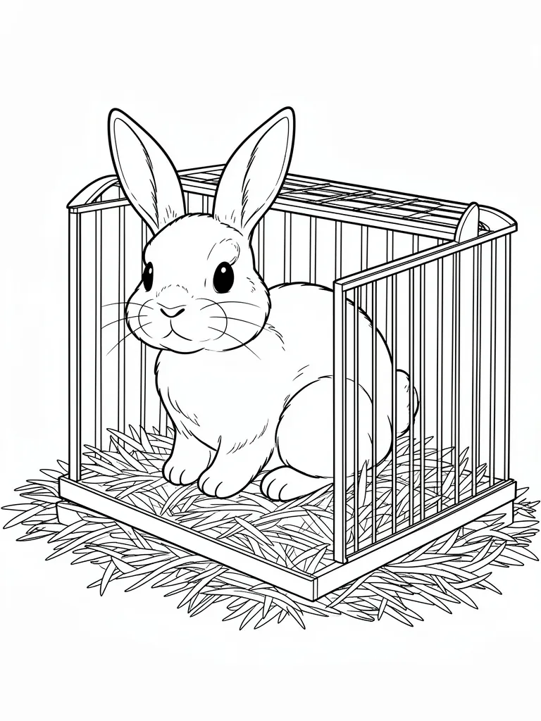 Coloriage Lapin dans un clapier avec de la paille à imprimer