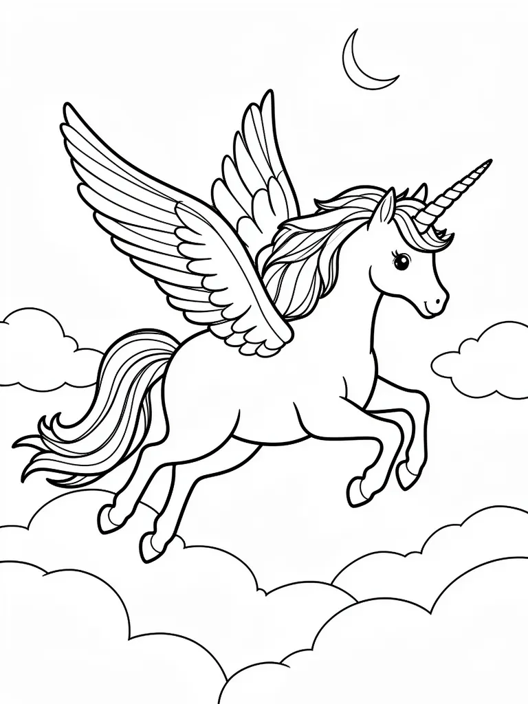 Coloriage Licorne ailée volant dans les nuages à imprimer