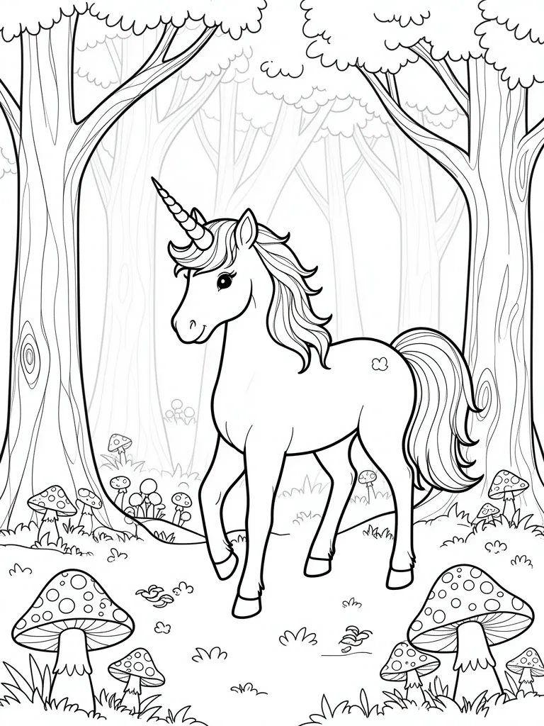 Coloriage Licorne dans une forêt enchantée avec des champignons à imprimer