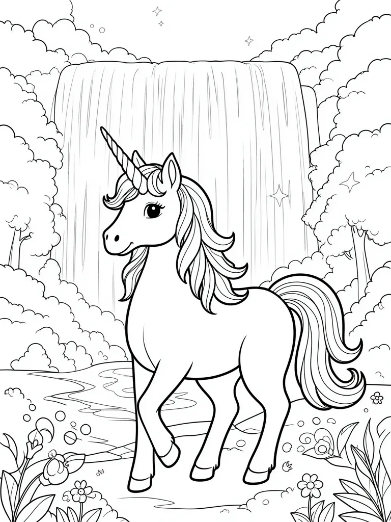 Coloriage Licorne devant une cascade magique à imprimer