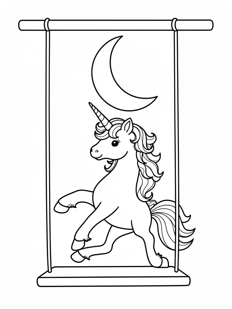 Coloriage Licorne sur une balançoire accrochée à la lune à imprimer