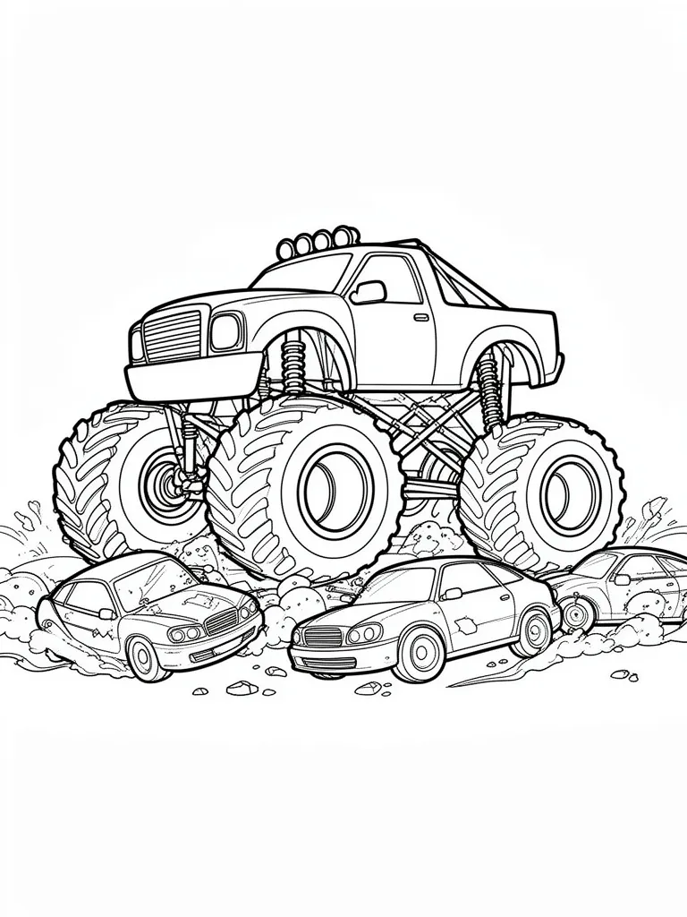 Coloriage Monster truck écrasant des voitures à imprimer