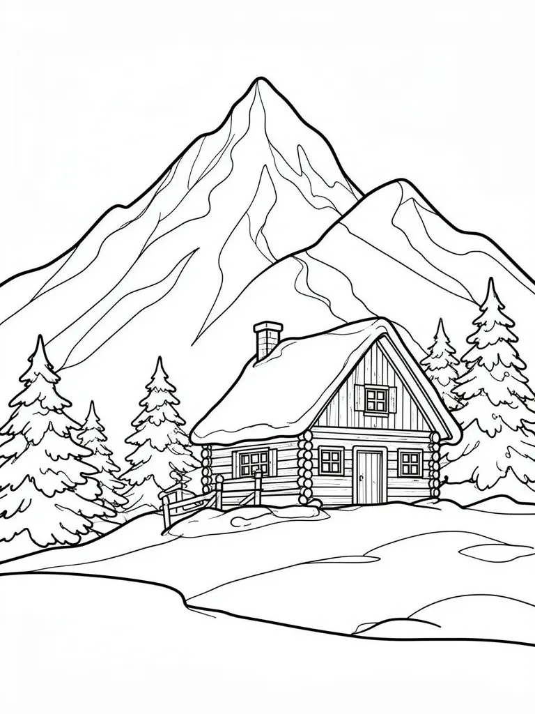 Coloriage Montagne enneigée avec un chalet en bois à imprimer