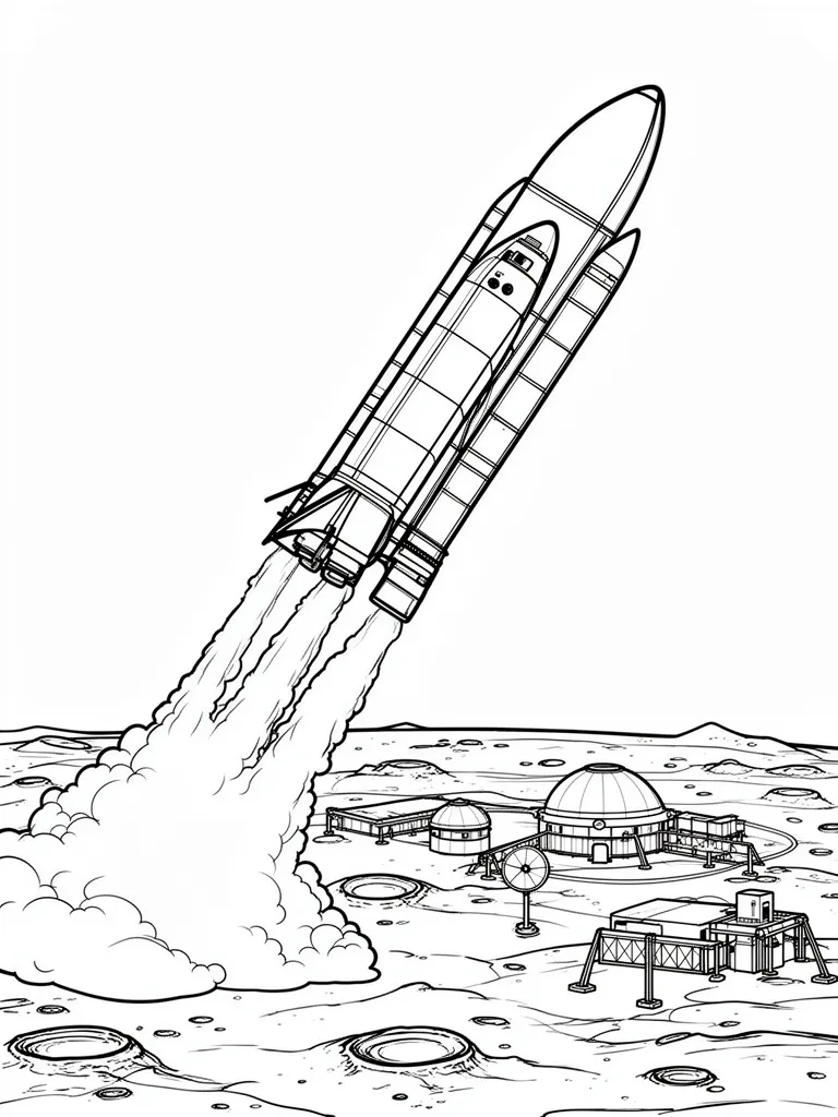 Coloriage Navette spatiale atterrissant sur une base lunaire à imprimer