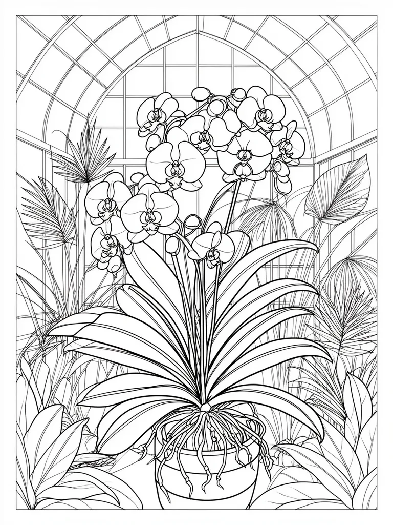Coloriage Orchidée exotique dans une serre tropicale à imprimer