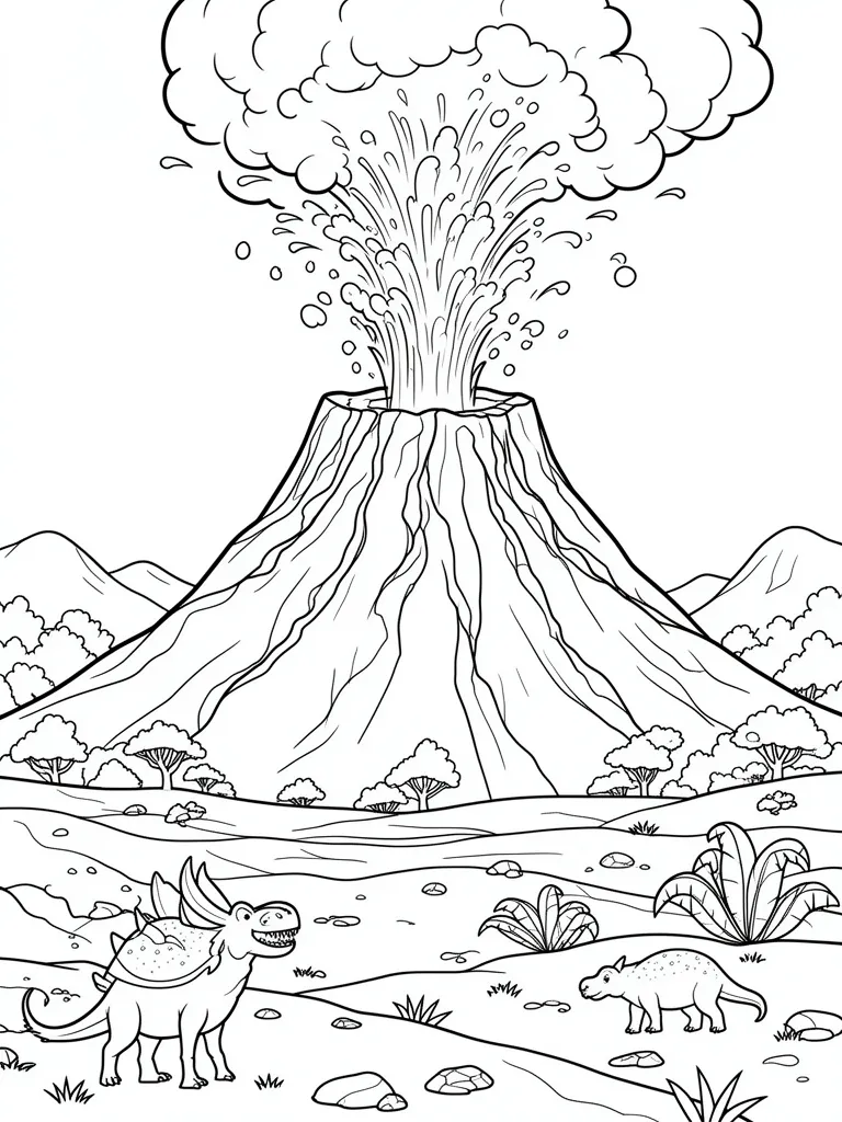 Coloriage Paysage préhistorique avec un volcan en éruption à imprimer