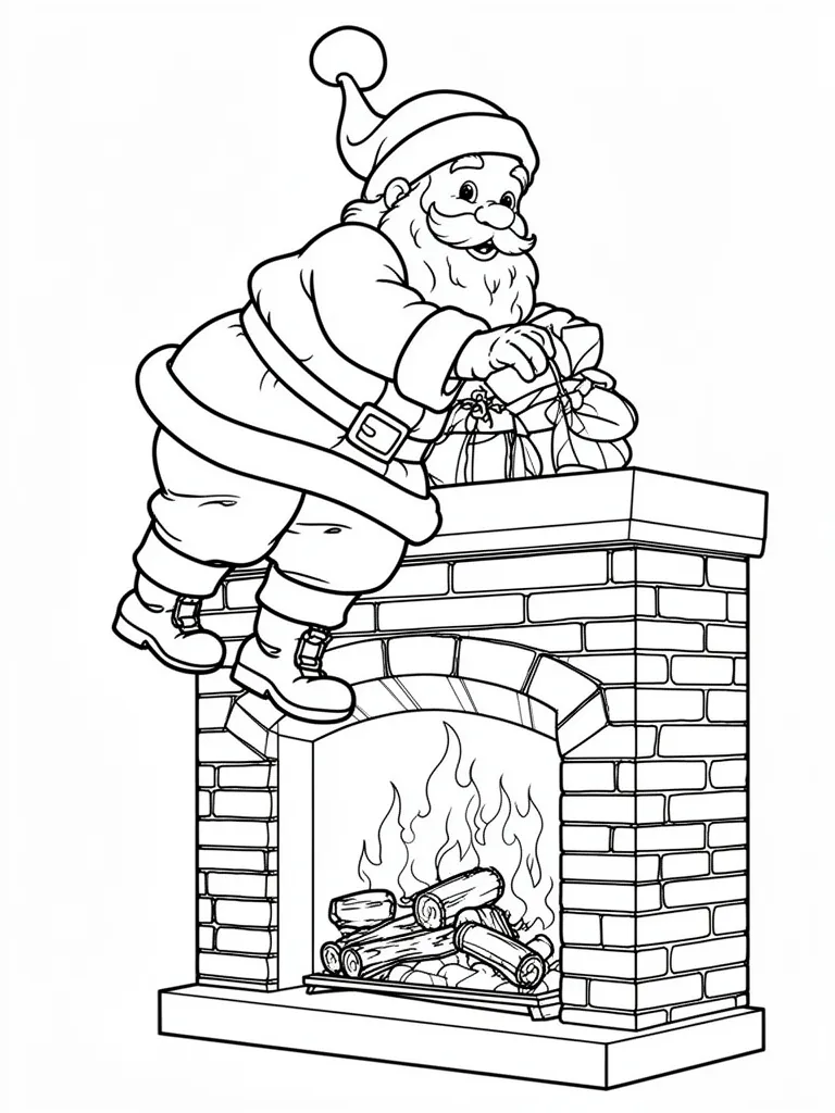 Coloriage Père Noël descendant dans la cheminée à imprimer