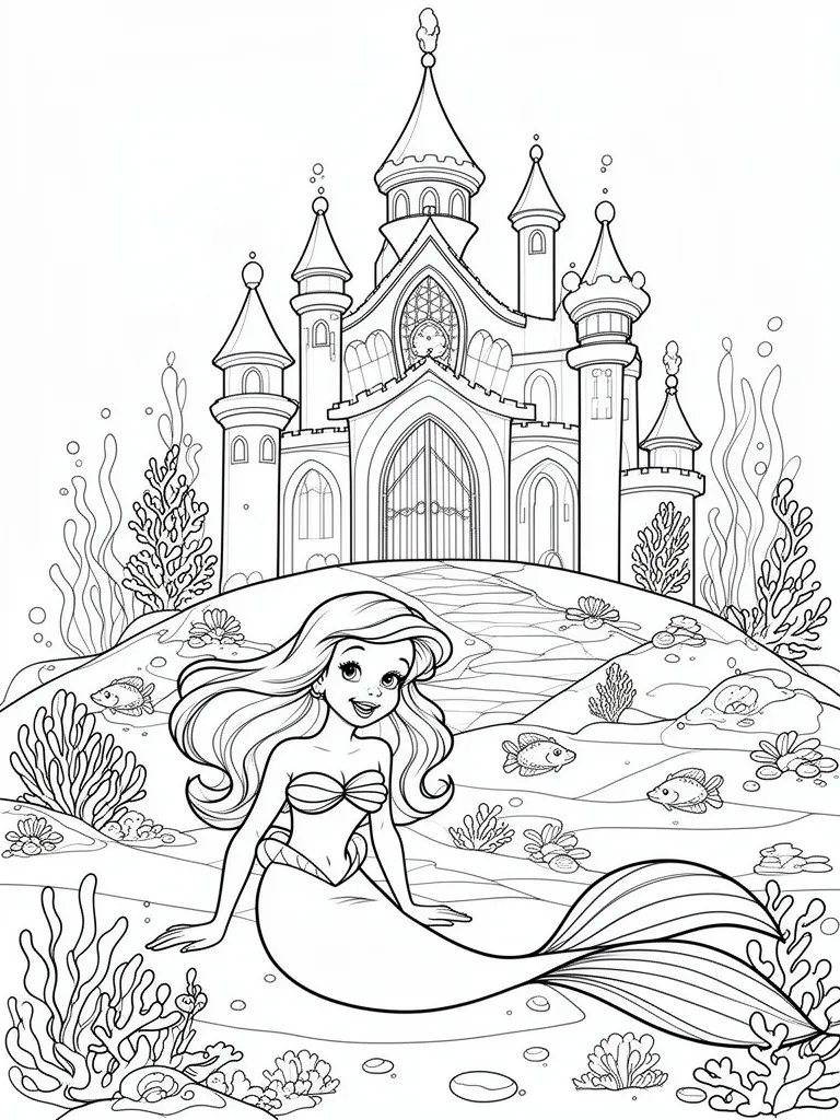 Coloriage Petite sirène devant un palais sous marin à imprimer