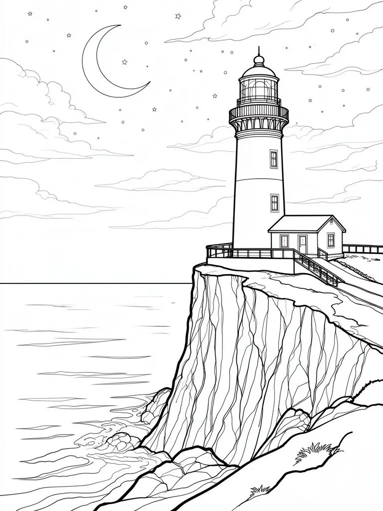 Coloriage Phare au bord de la falaise la nuit à imprimer