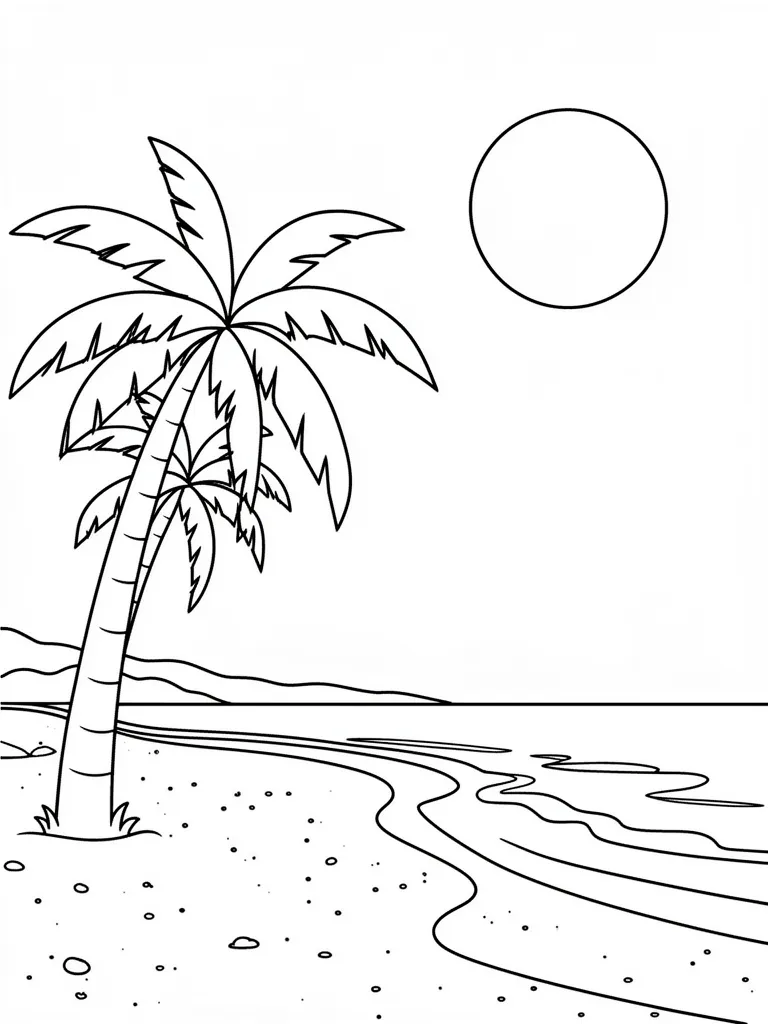 Coloriage Plage de sable avec des palmiers et un soleil à imprimer