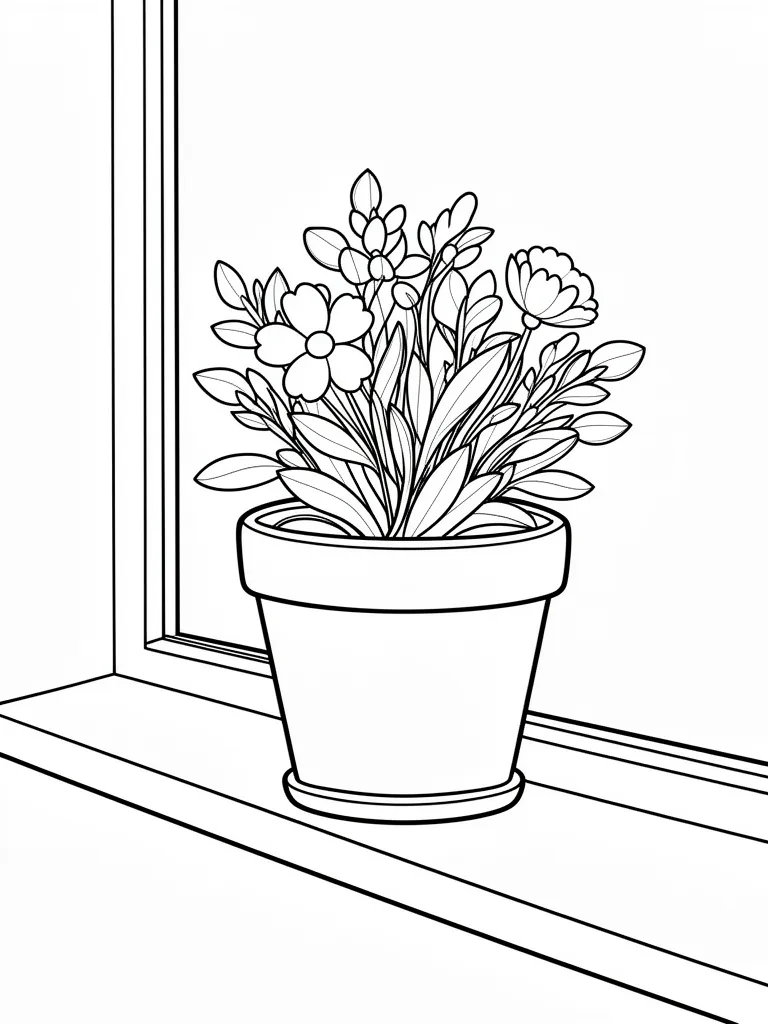 Coloriage Pot de fleurs sur un rebord de fenêtre à imprimer