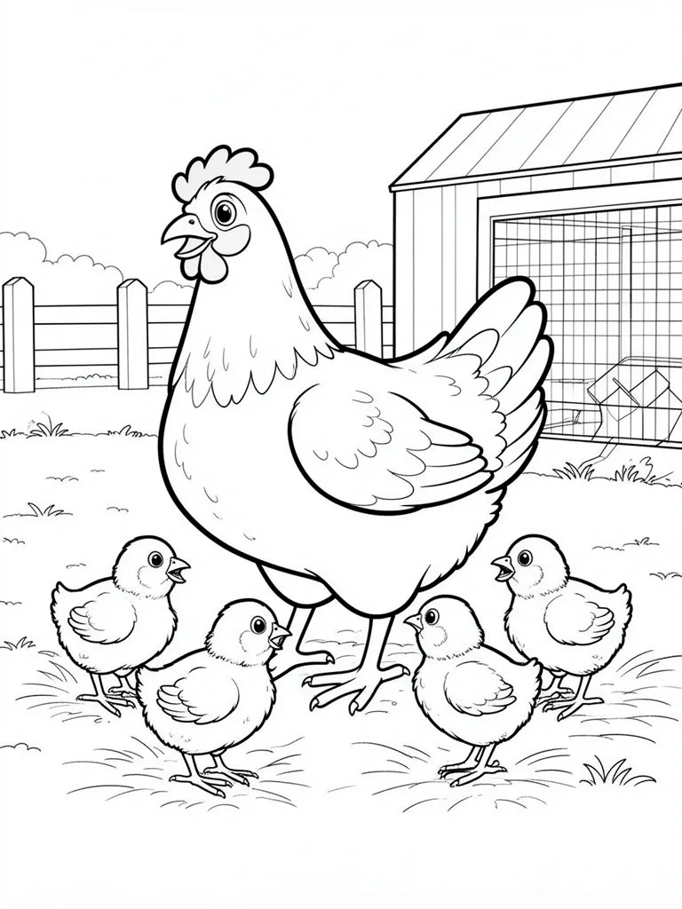 Coloriage Poule et ses poussins dans la basse cour à imprimer