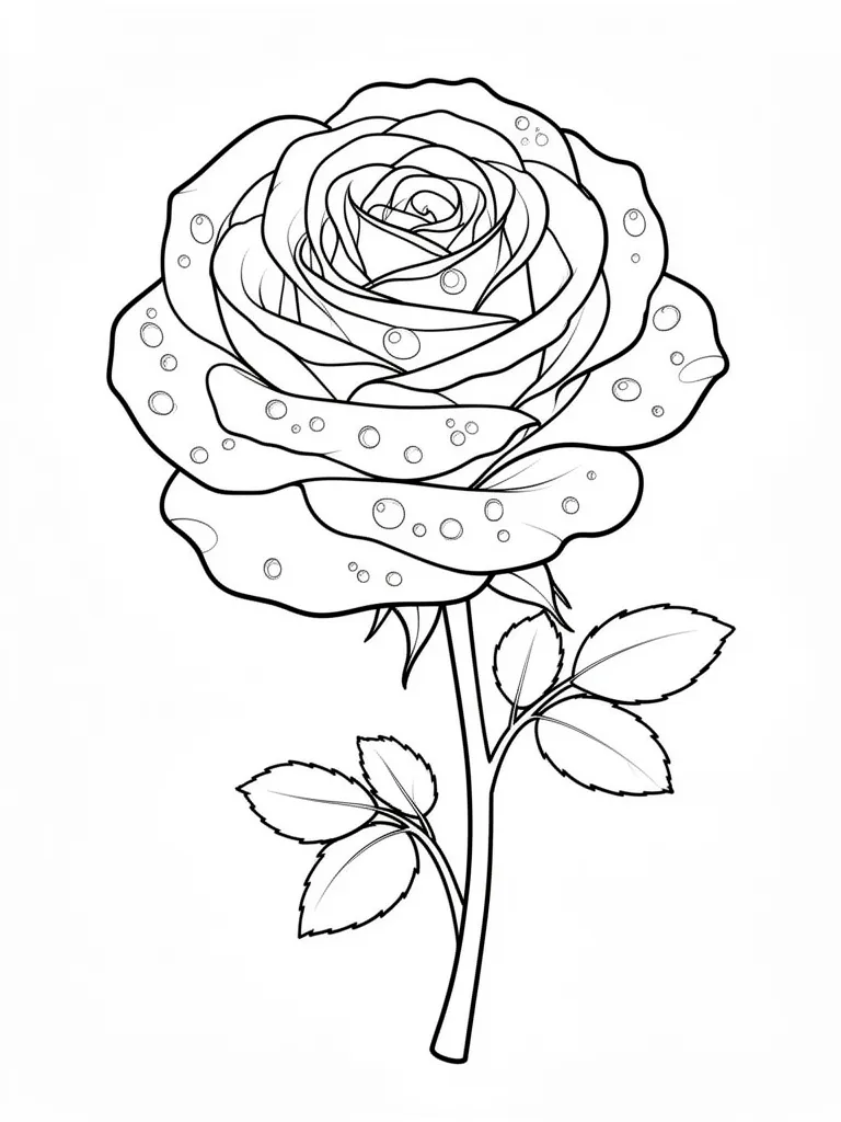 Coloriage Rose épanouie avec des gouttes de rosée à imprimer
