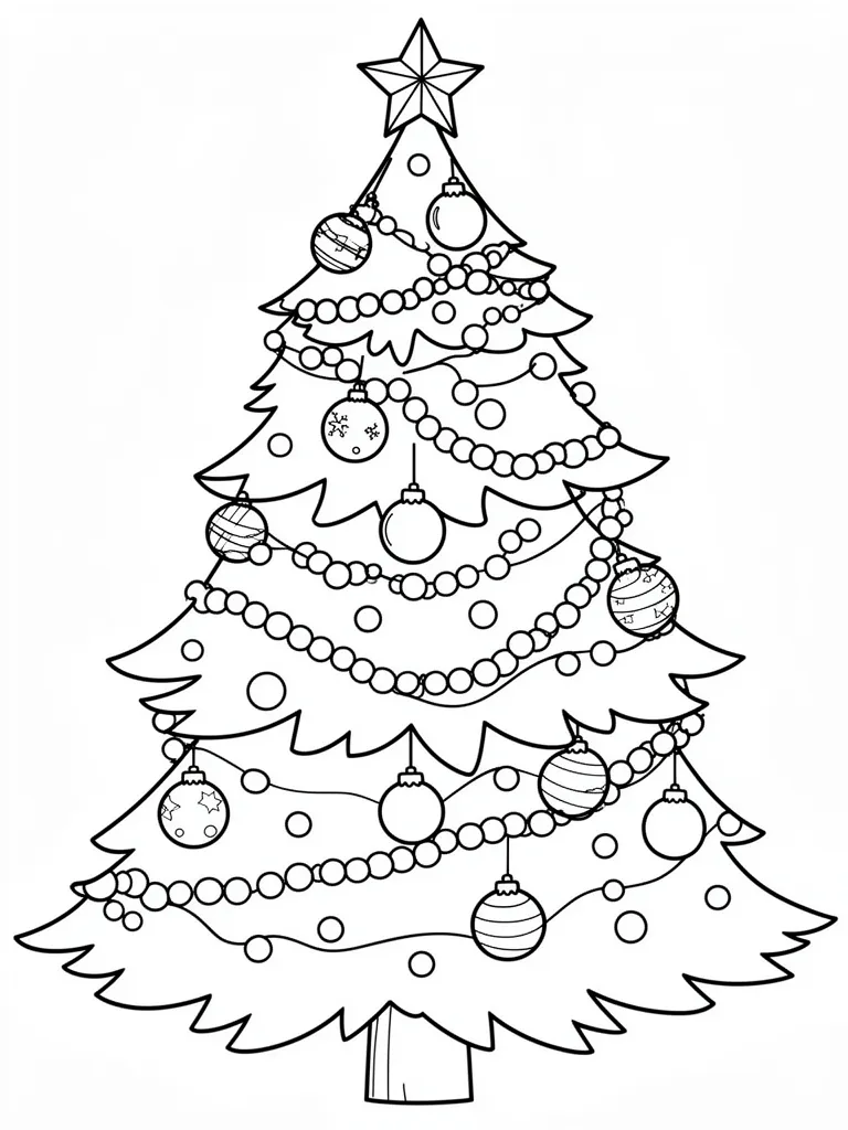 Coloriage Sapin de Noël décoré avec des guirlandes et des boules à imprimer