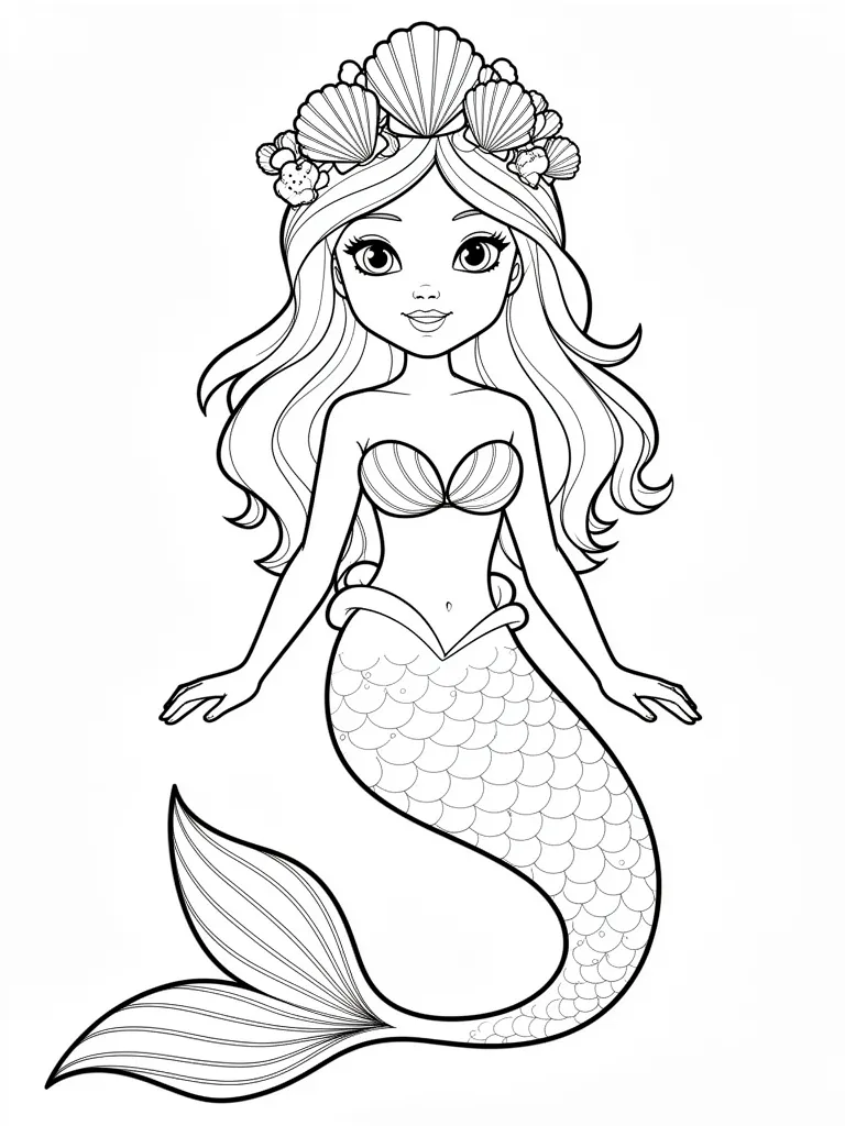Coloriage Sirène avec une couronne de coquillages à imprimer