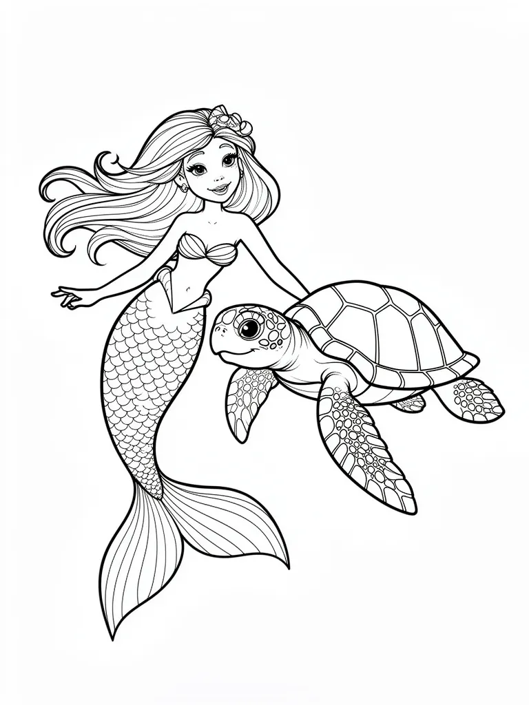 Coloriage Sirène et une tortue marine nageant ensemble à imprimer