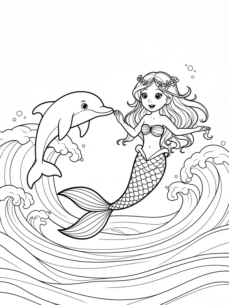 Coloriage Sirène jouant avec un dauphin dans les vagues à imprimer