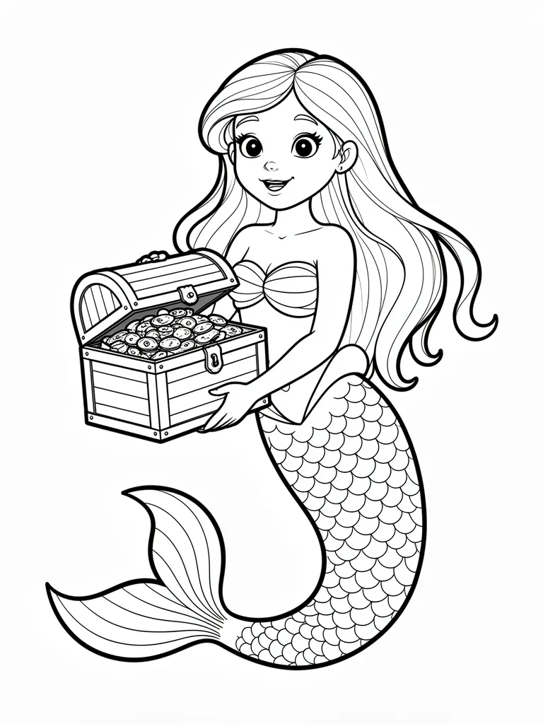 Coloriage Sirène tenant un coffre au trésor à imprimer