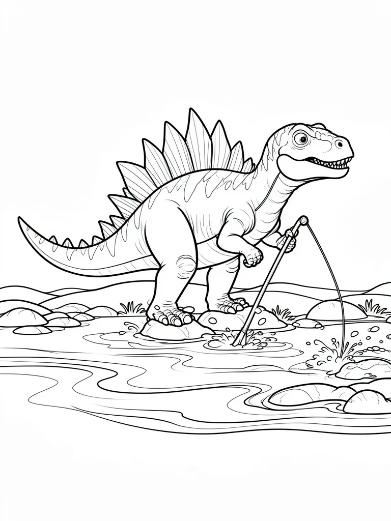Coloriage Spinosaure pêchant dans une rivière à imprimer