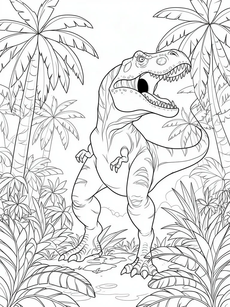 Coloriage T-Rex rugissant dans une jungle préhistorique à imprimer