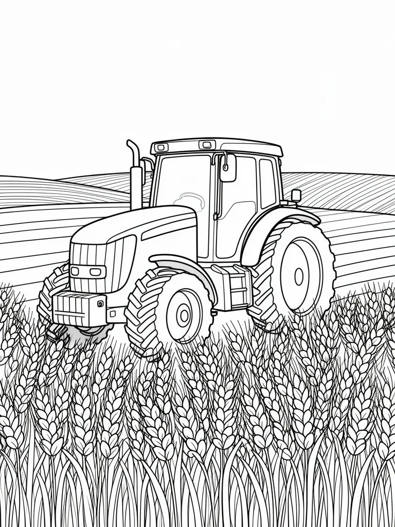 Coloriage Tracteur dans un champ de blé à imprimer