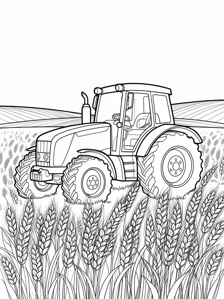 Coloriage Tracteur rouge dans un champ de blé à imprimer