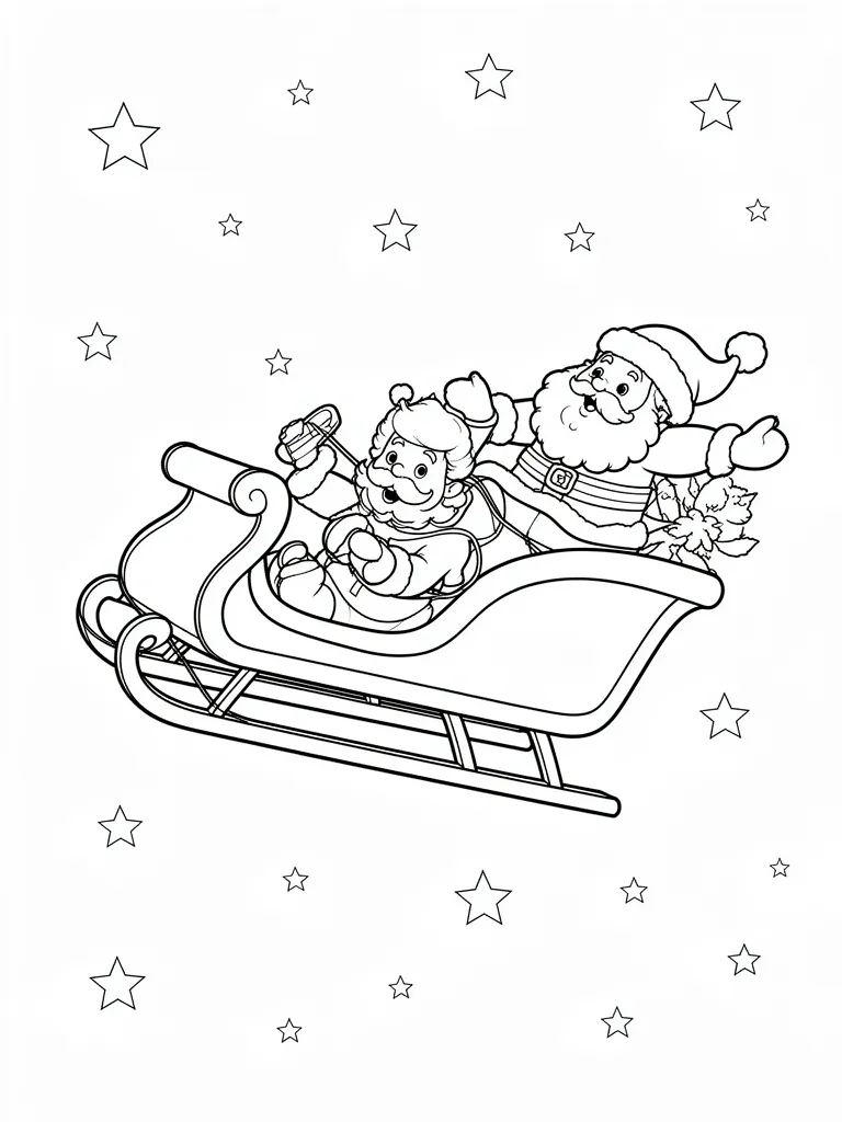 Coloriage Traîneau du Père Noël volant dans le ciel étoilé à imprimer