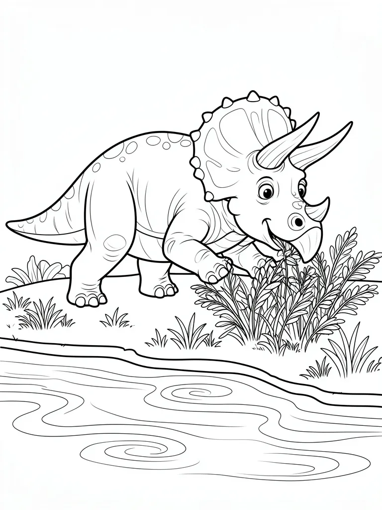 Coloriage Tricératops mangeant des plantes au bord d une rivière à imprimer