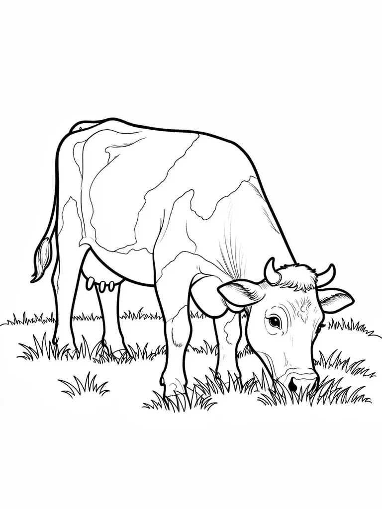 Coloriage Vache broutant dans un pré vert à imprimer