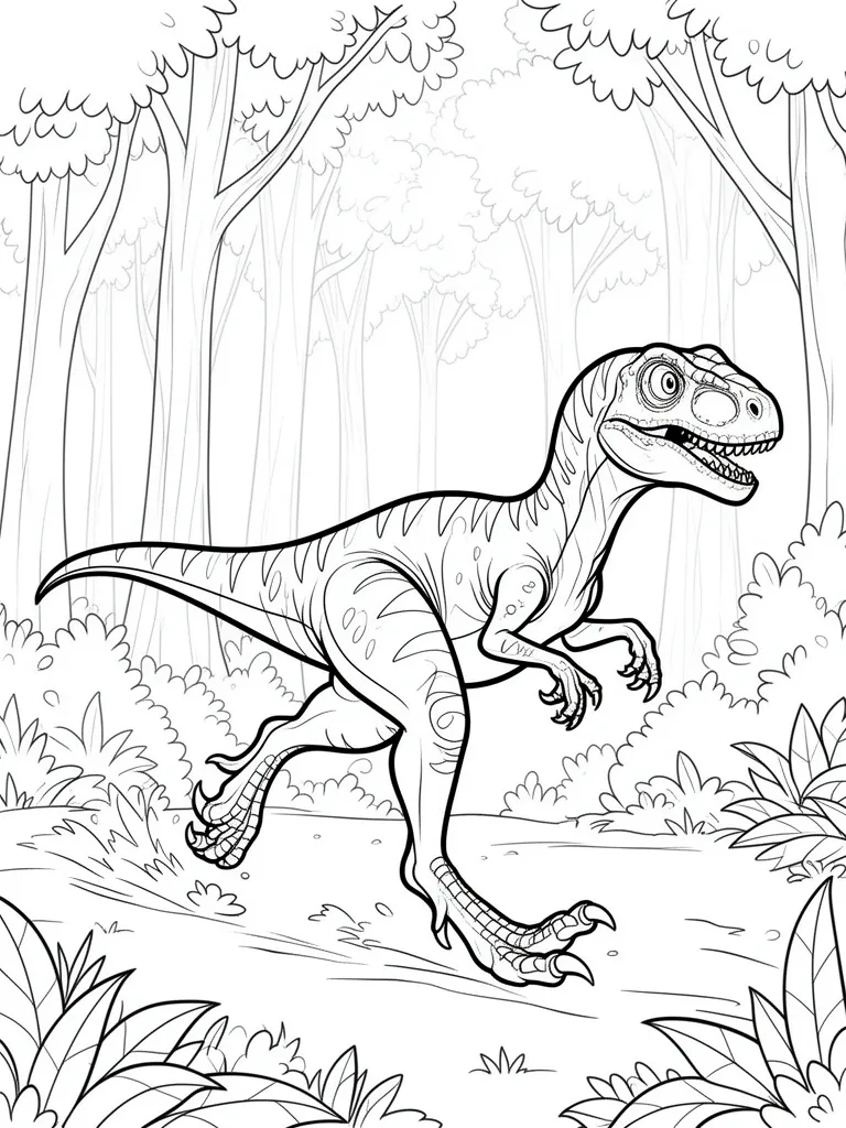 Coloriage Vélociraptor courant dans la forêt à imprimer