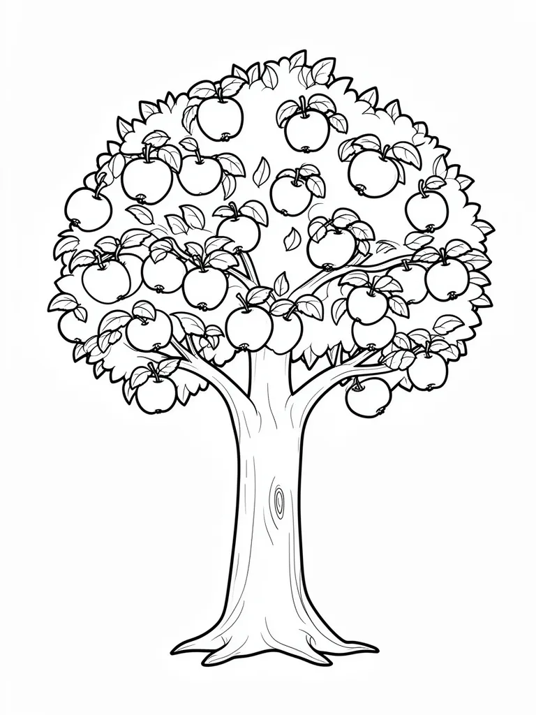 Coloriage Verger avec un pommier chargé de fruits à imprimer